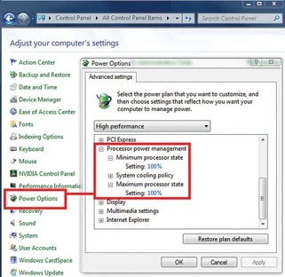 Fig. 3. Create a power plan that runs the processor at 100% for both minimum and maximum power states. Laptops will have an option to specify different CPU power states for battery operation; set those to 100% as well.