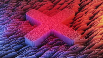 Digitized cross symbol overlaid on a flowing background in red, orange, and blue colors.