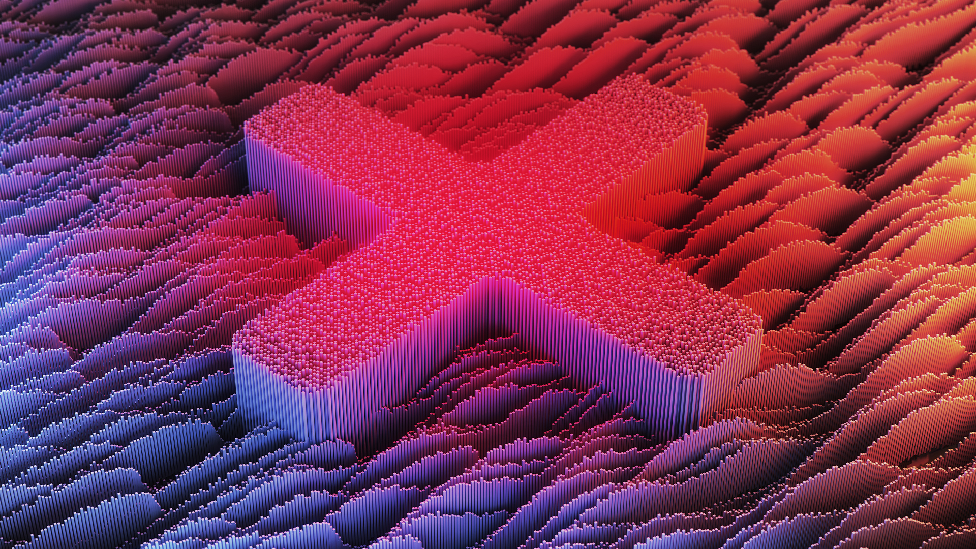 Digitized cross symbol overlaid on a flowing background in red, orange, and blue colors.