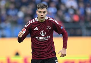 Stefanos Tzimas of Nuernberg gestures during the Second Bundesliga match between Hamburger SV and 1. FC Nürnberg at Volksparkstadion on November 03, 2024 in Hamburg, Germany.