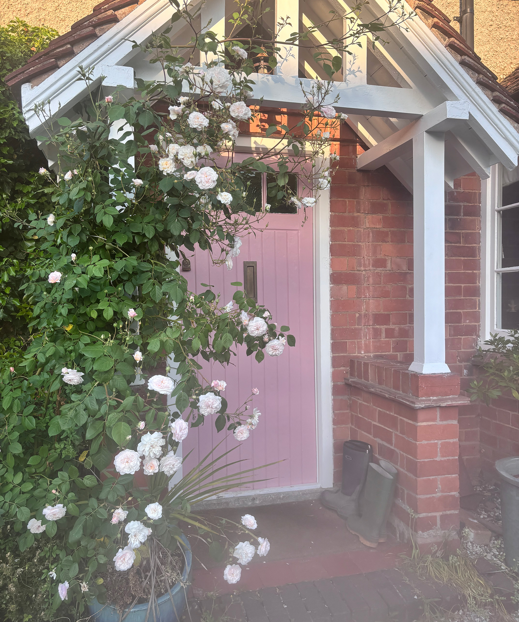 pink front door with small porch with pitched roof
