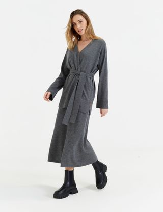 Wool Rich Wrap Belted Longline Cardigan