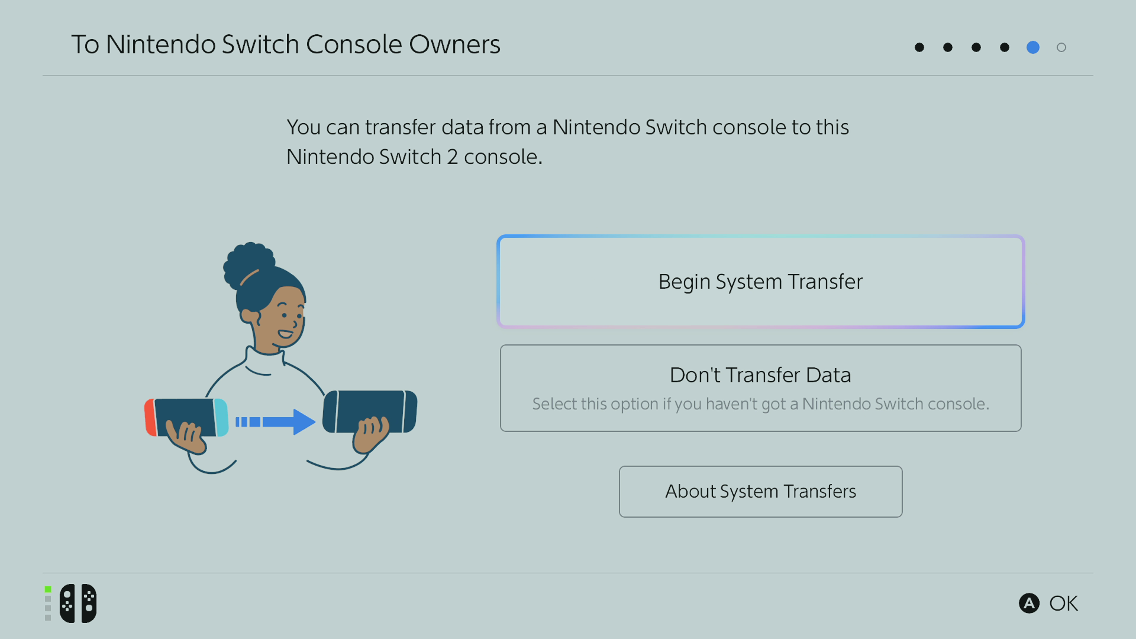 The screen where you can transfer your data from Switch 1 to Switch 2 during the setup process for Switch 2