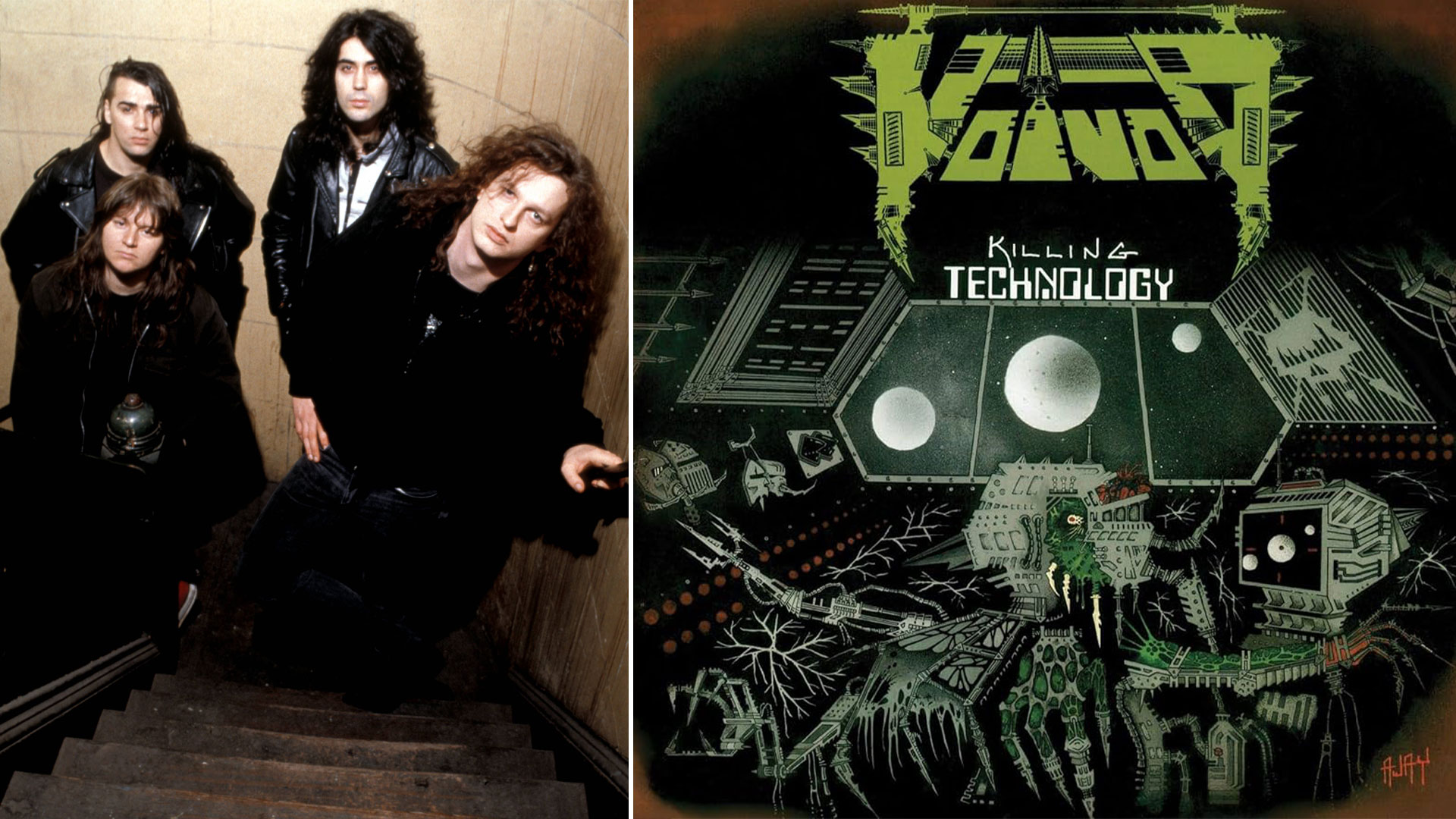 An image of Voivod taken in 1990 and the album artwork for the 1987 release Killing Technology