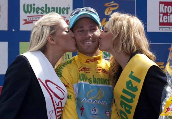 Fredrik Kessiakoff (Astana) beams with yellow and kisses