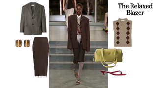 The Relaxed Blazer modeled by a woman with a pencil skirt and prada bag