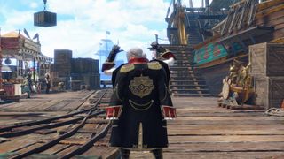 Monster Hunter World: Sunbreak - a character faces away, pointing two thumbs at the secret armor set Barbania: a black jacket with red cuffs and gold details.
