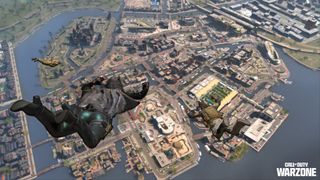 An operator skydives above the new Vondel map in Call of Duty Warzone