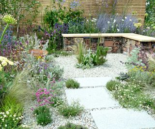 gravelled garden with bench and drought-tolerant plants