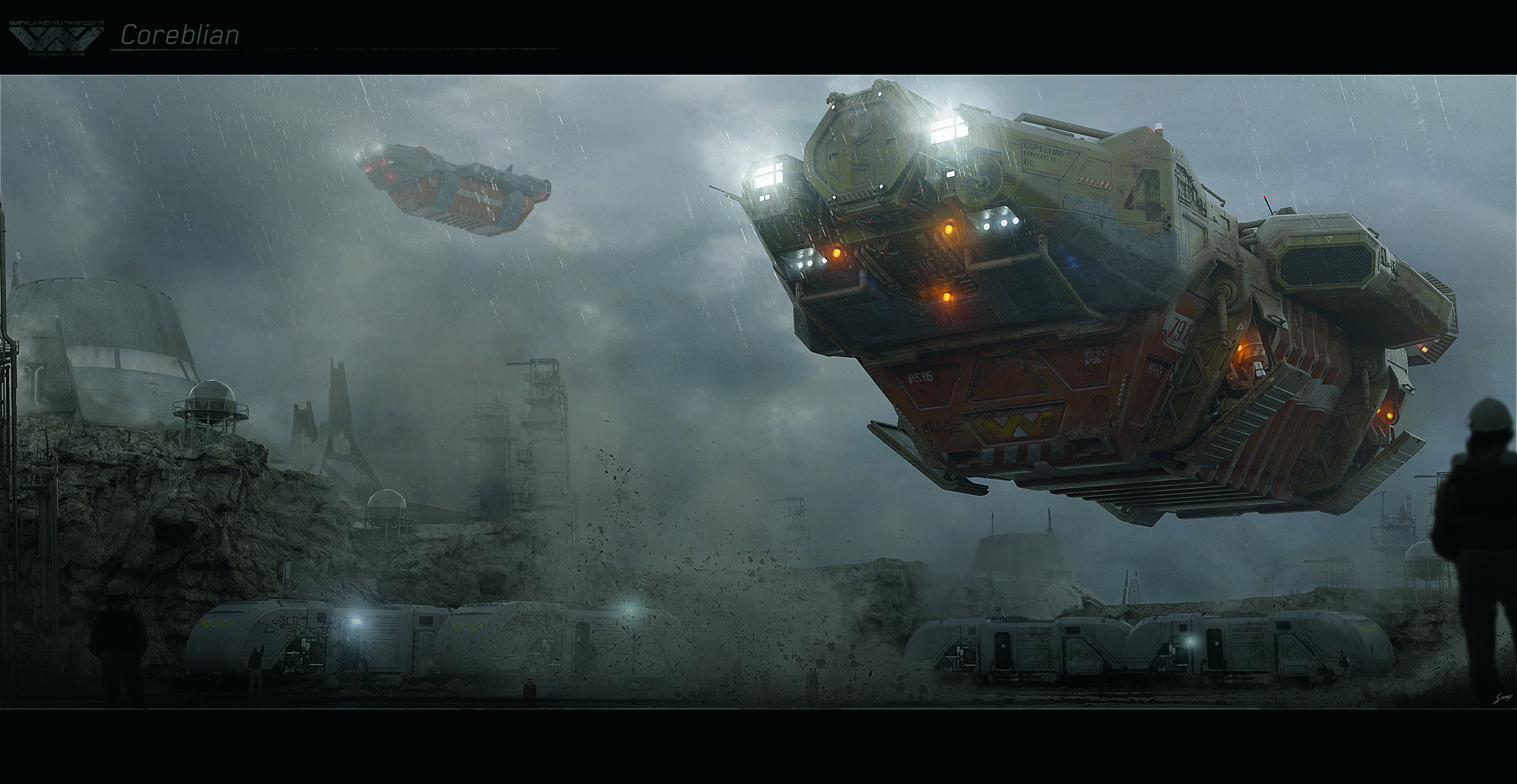 Concept art for Alien: Romulus showing the Corbelan IV mining hauler