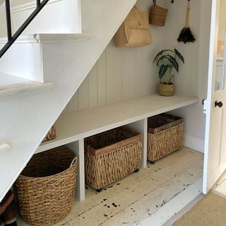 hallway storage baskets and shelf