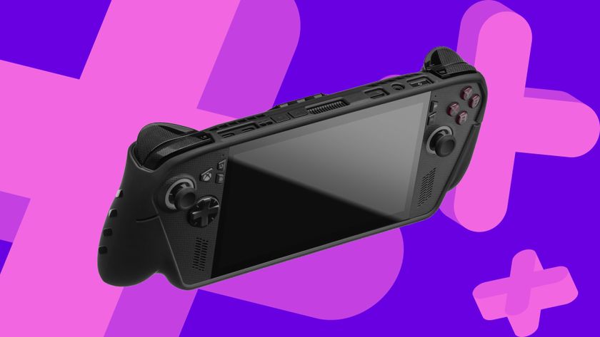 The Dbrand Killswitch Xbox Ally X case on a purple and pink background.