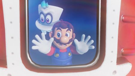 Super Mario Odyssey screenshot of Mario and Cappy looking out of the ship window