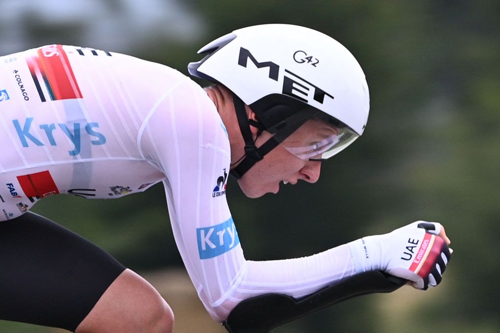 Team UAE Emirates Tadej Pogacar of Slovenia rides during the 5th stage of the 108th edition of the Tour de France cycling race a 27 km time trial between Change and Laval on June 30 2021 Photo by AnneChristine POUJOULAT AFP Photo by ANNECHRISTINE POUJOULATAFP via Getty Images
