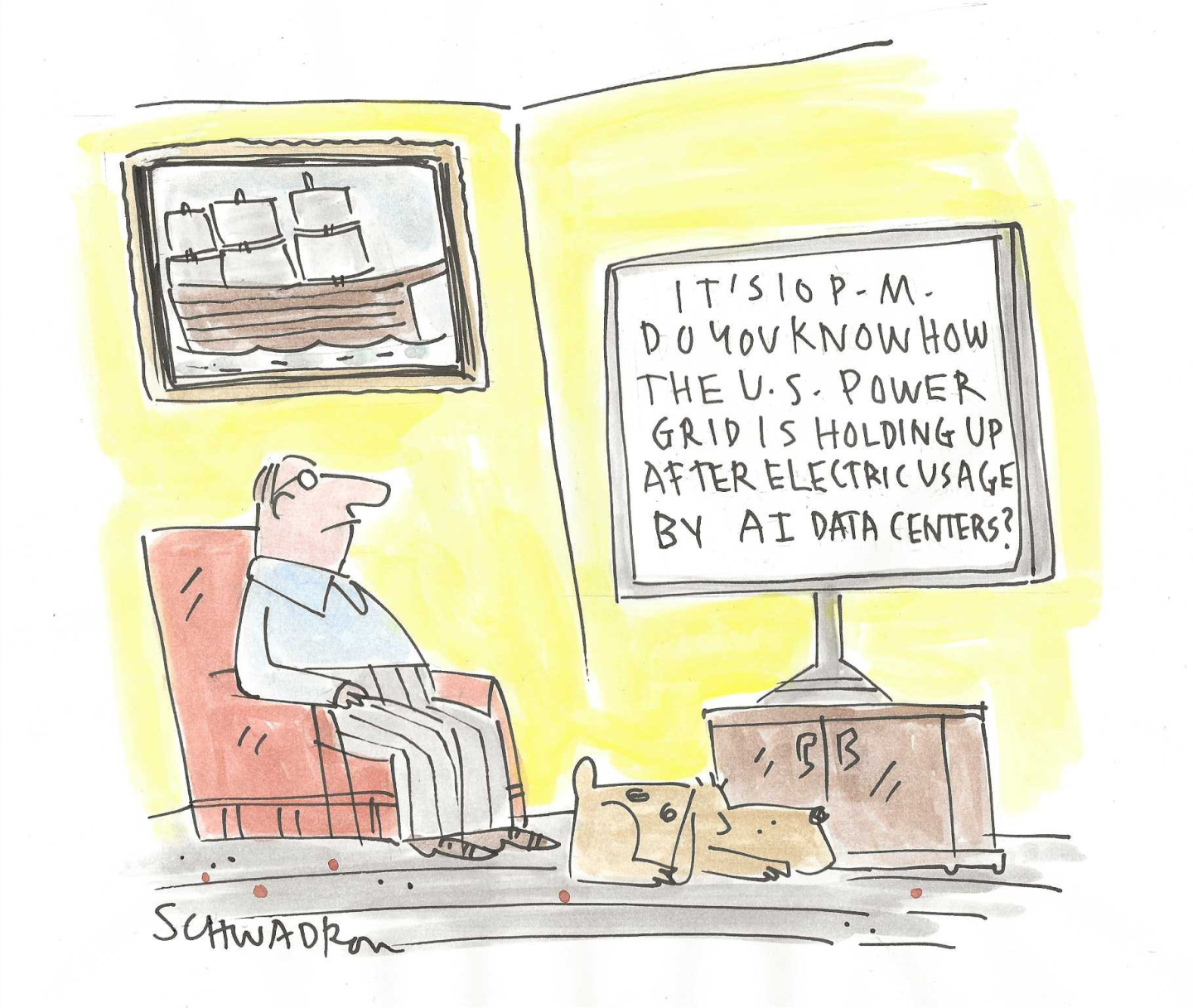 A man is at home in his chair watching TV as his dog snoozes on the floor. The message on the screen reads, &amp;ldquo;It&amp;rsquo;s 10 p.m. Do you know how the U.S. power grid is holding up after electric usage by AI data centers?&amp;rdquo;