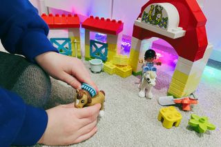 Girl playing with Lego Duplo Horse Stables set brushing horse with hair brush
