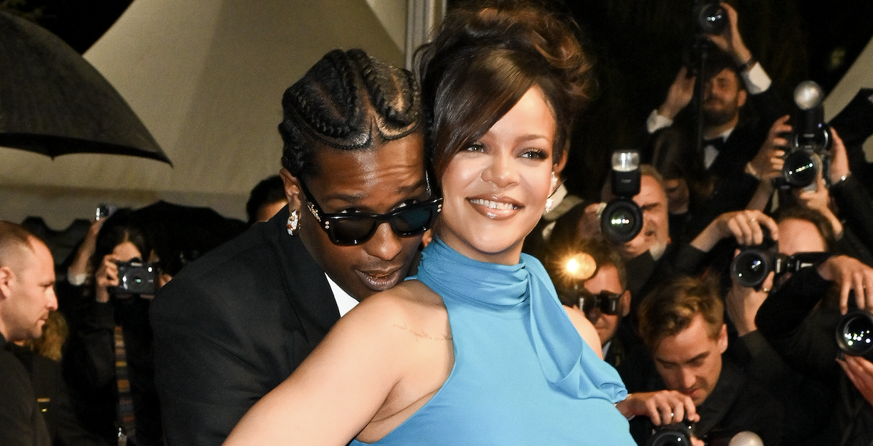 Rihanna and A$AP Rocky attend the "Highest 2 Lowest" red carpet at the 78th annual Cannes Film Festival at Palais des Festivals on May 19, 2025 in Cannes, France.