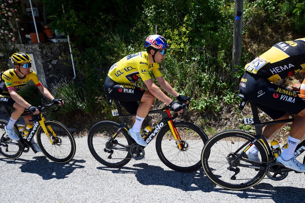 BRIVESCHARENSAC FRANCE JUNE 06 Wout Van Aert of Belgium and Team Jumbo Visma Yellow Leader Jersey competes during the 74th Criterium du Dauphine 2022 Stage 2 a 1698km stage from SaintPray to BrivesCharensac WorldTour Dauphin on June 06 2022 in BrivesCharensac France Photo by Dario BelingheriGetty Images