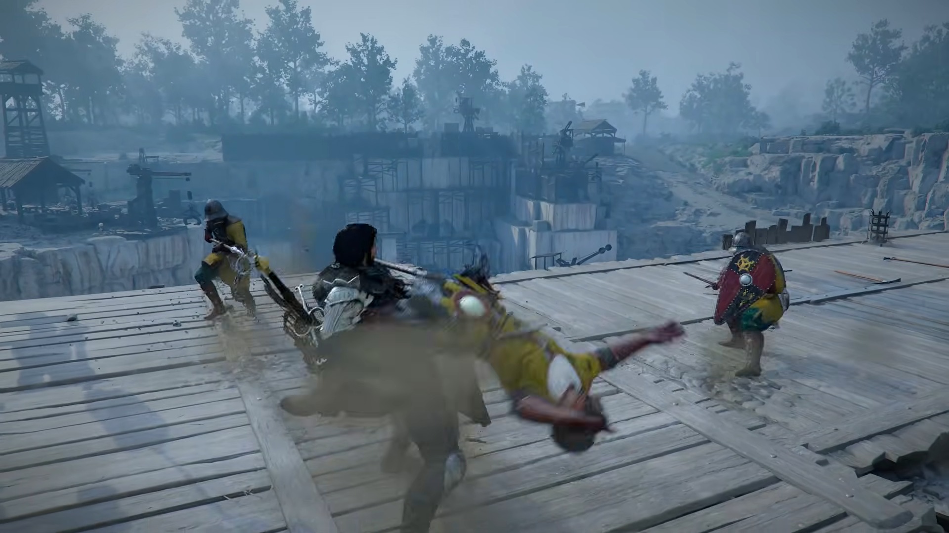 Trailer screenshot of Kliff using a Giant Swing on a helpless enemy in Crimson Desert.