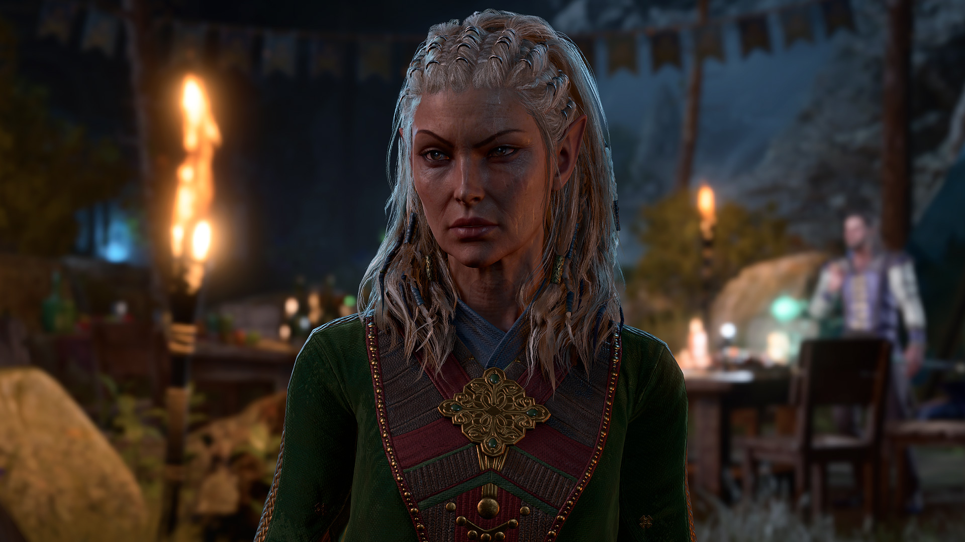 Baldur's Gate 3 - Jaheira cocking her eyebrow as she looks at Tav