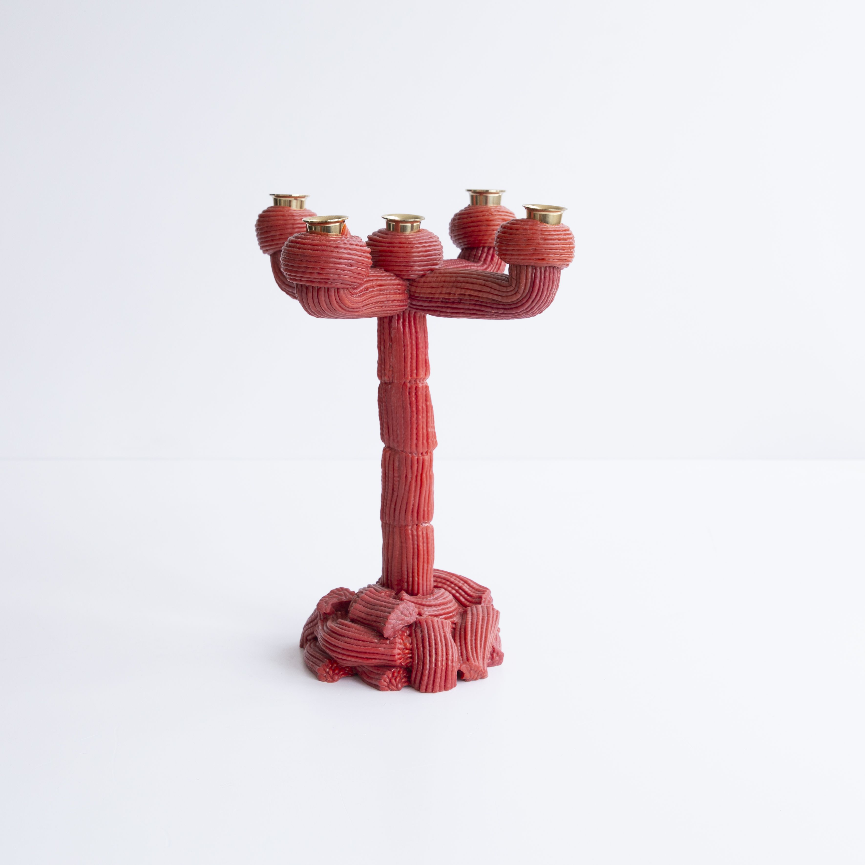 A series of squishy home objects designed from melted plastic and chrome or brass detailing, including a mirror, candelabra, and a kitchen towel rack.
