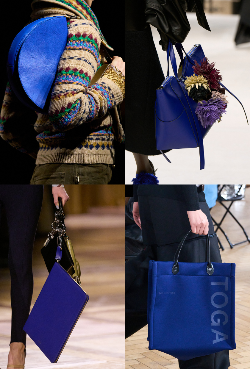 An image of cobalt bags from Toga, Dries. Givenchy and Mugler on the autumn/winter 2026 runways.