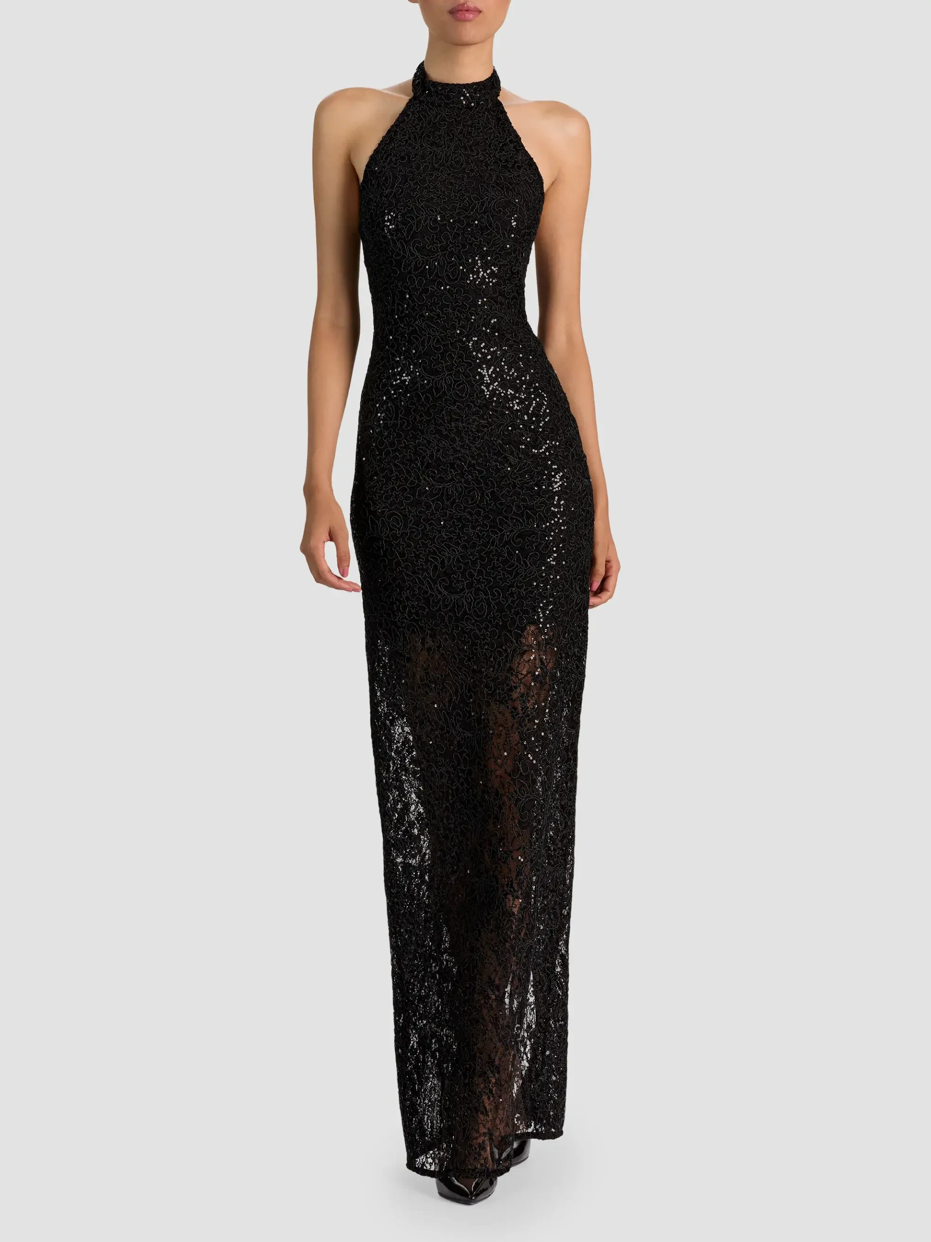 Koi Sequined Lace Halter Maxi Dress