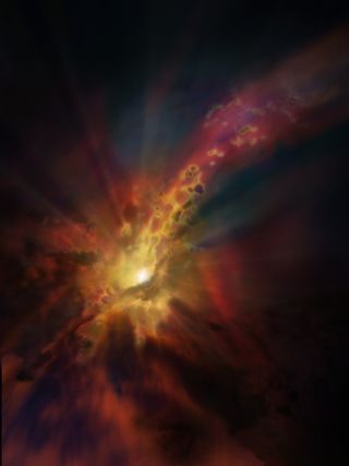 An artist's illustration shows what galactic wind might have looked like flowing out of a galaxy in the early universe.