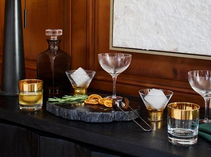 A festive home bar with cocktail glasses