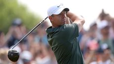 Rory McIlroy holds his finish on a drive