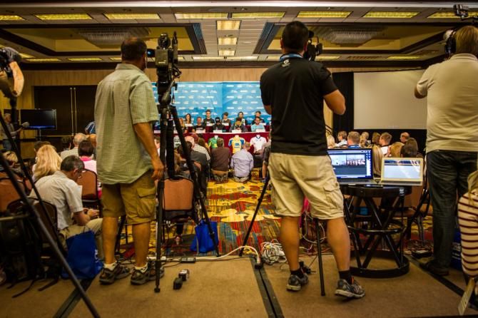 Cameras stream todays press conference live from California
