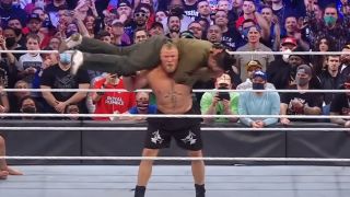 Brock Lesnar F5ing Bad Bunny at the 2022 Royal Rumble