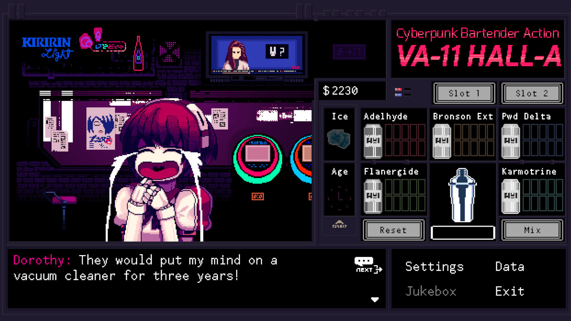 A screenshot of one of the best visual novel games, VA-11 Hall-A: Cyberpunk Bartender Action.