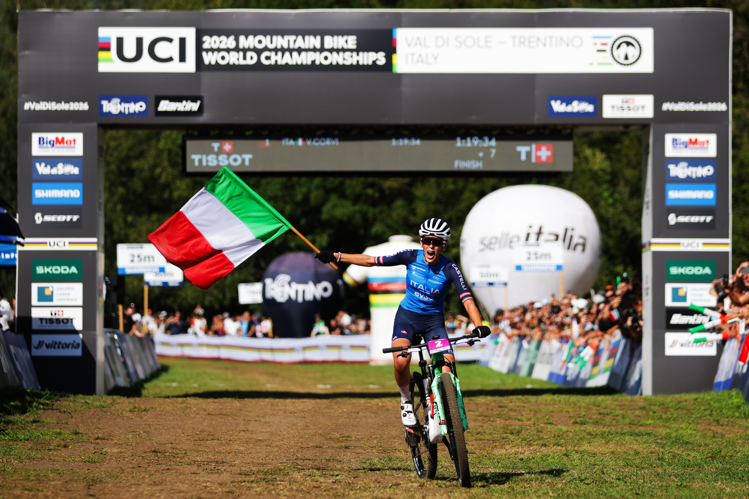 Valentina Corvi (Italy) celebrates her under-23 MTB Cross-country Olympic (XCO) World Championships victory