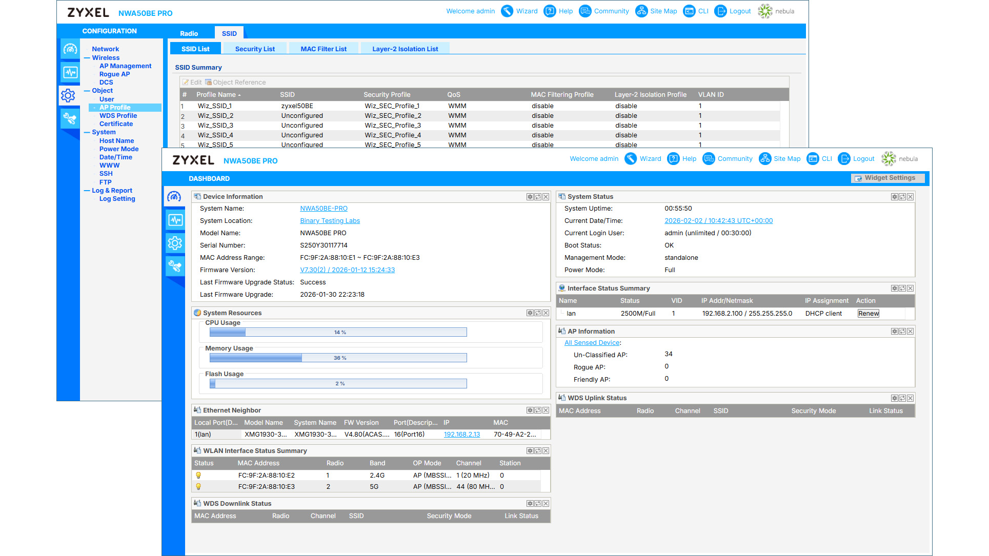 A screenshot of the Zyxel NWA50BE Pro dashboard