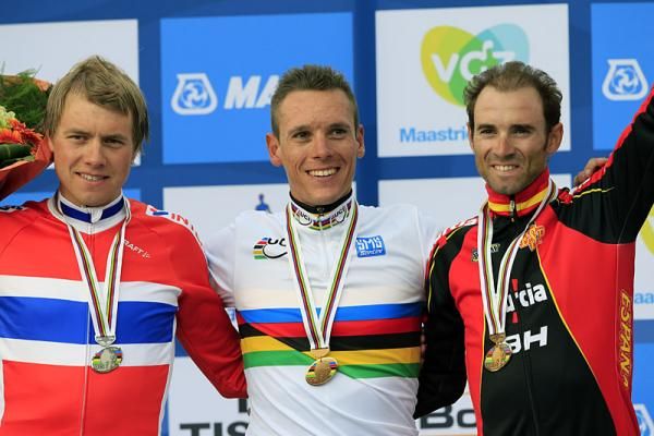 2012 road Worlds podium (L-R): Edvald Boasson Hagen, Philippe Gilbert and Alejandro Valverde