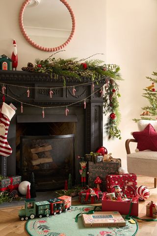 Christmassy fireplace with candy cane decorations