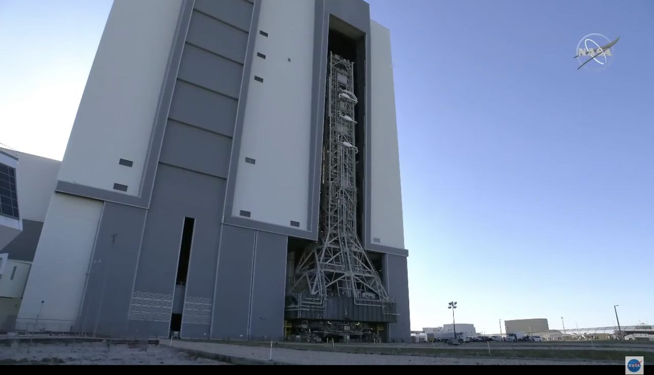 The Space Launch System rocket and Orion capsule that will fly NASA's Artemis-1 moon mission begin their 4-mile (6.4 kilometers) rollout to the launch pad for testing on March 17, 2022 at NASA's Kennedy Space Center in Florida.