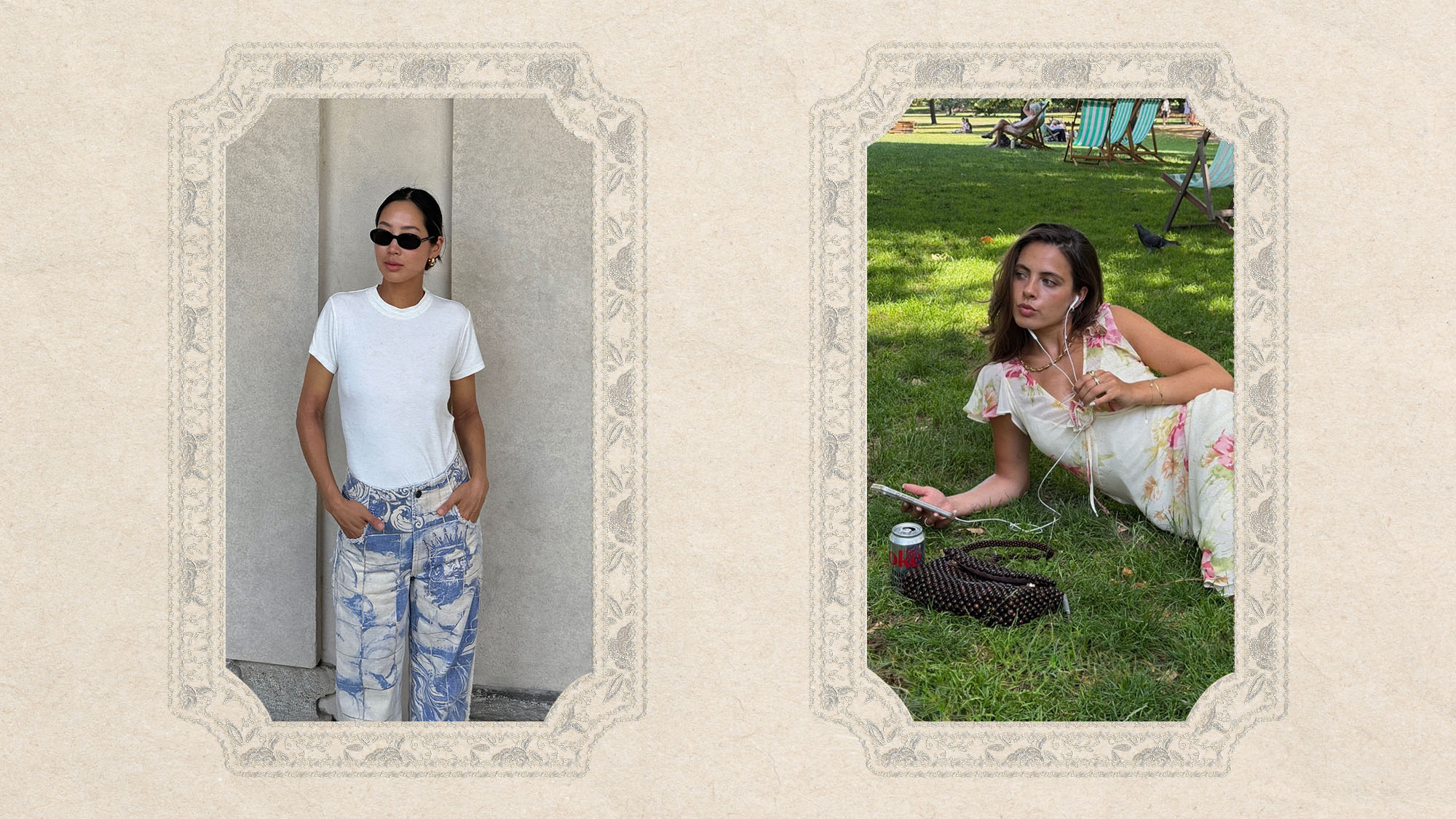 Collage of @aimeesong wearing a white tee and printed jeans and @tia_dewitt wearing a floral print dress.