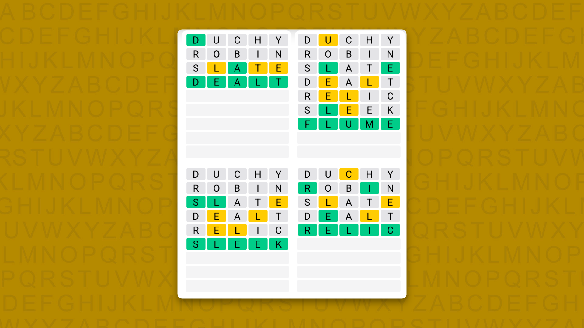 Quordle answers for game 1738 on a yellow background