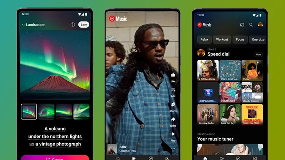 Three phones on a green background showing the YouTube Music app