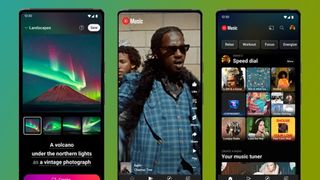 Three phones on a green background showing the YouTube Music app