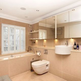 bathroom with bathtub and mirrors
