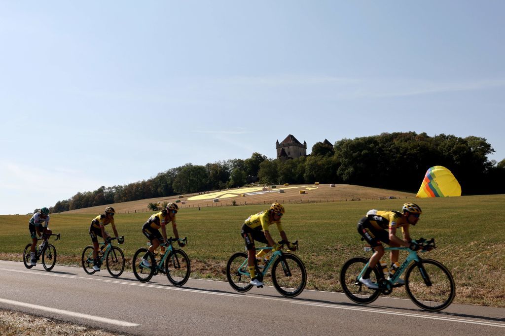 Team Jumbo Visma riders lead the pack during the 19th stage of the 107th edition of the Tour de France cycling race 160 km between BourgenBresse and Champagnole on September 18 2020 Photo by Kenzo Tribouillard AFP Photo by KENZO TRIBOUILLARDAFP via Getty Images