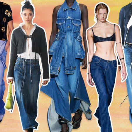 collage of women wearing different kinds of denim: denim skirts, low-rise denim, and more