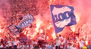 Banik Ostrava fans light flares ahead of a pre-season friendly against Celtic at the Městský stadion in July 2022.