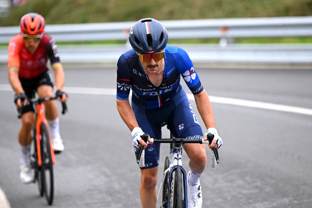 AMOREBIETA ETXANO SPAIN APRIL 05 LR Michal Kwiatkowski of Poland and Team INEOS Grenadiers and Remy Rochas of France and Team Groupama FDJ compete in the breakaway during the 63rd Itzulia Basque Country 2024 Stage 5 a 1759km stage from VitoriaGasteiz to AmorebietaEtxano UCIWT on April 05 2024 in AmorebietaEtxano Spain Photo by Tim de WaeleGetty Images