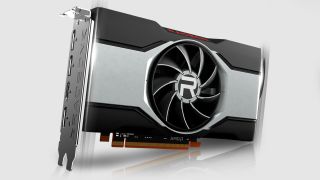An AMD Radeon RX 6600 XT graphics card on a white grey background