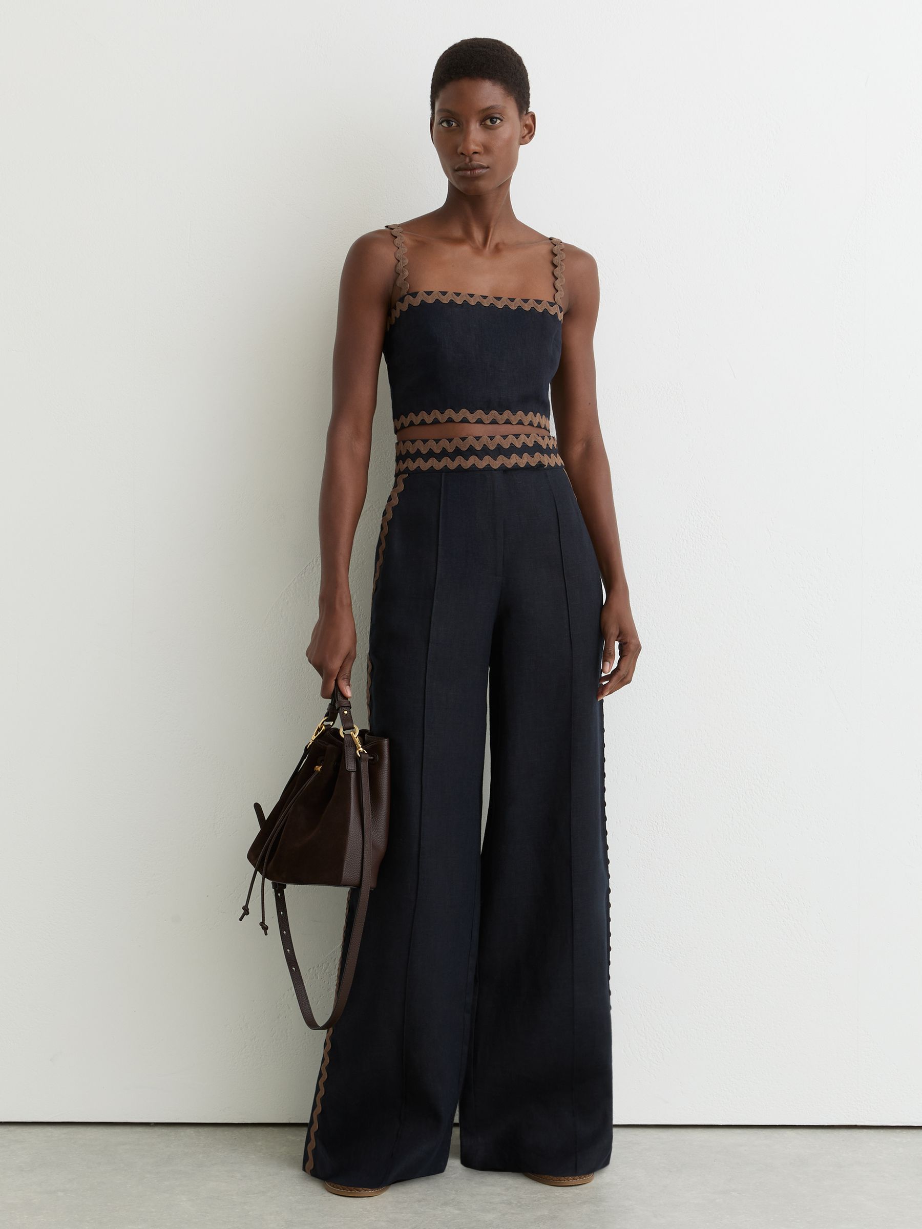 Linen Wave-Trim Wide-Leg Trousers in Navy/brown