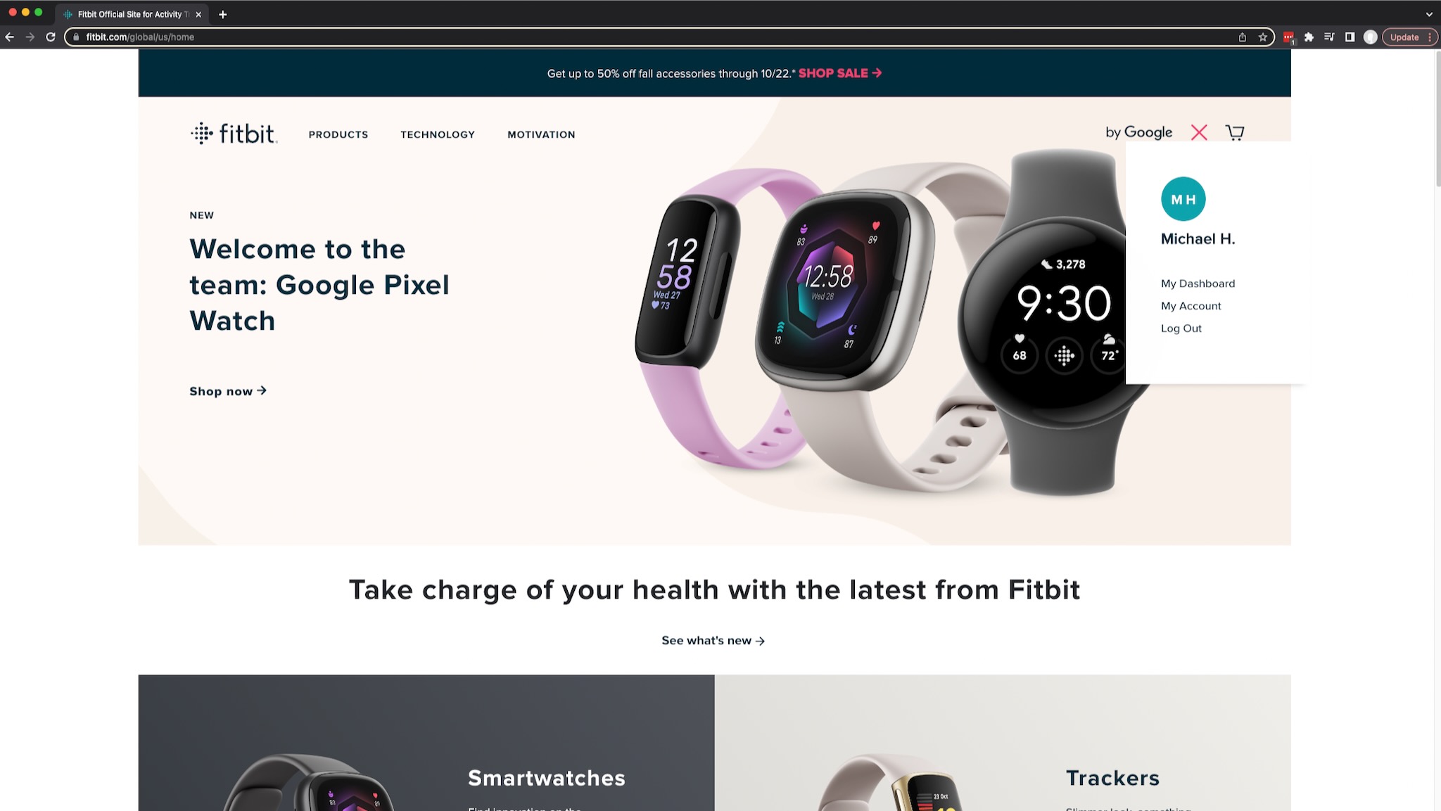 The Fitbit web home page. The account icon has been clicked, showing options to check your profile and account.